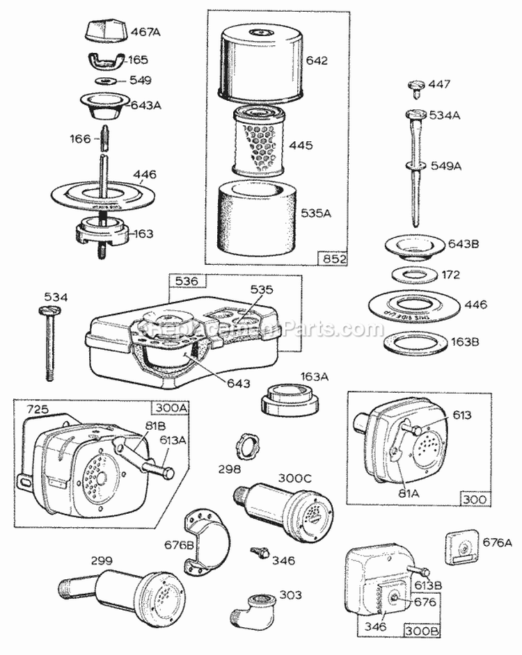 Air Cleaners Mufflers Diagram and Parts List for 100201-0110-99  Briggs and Stratton Engine